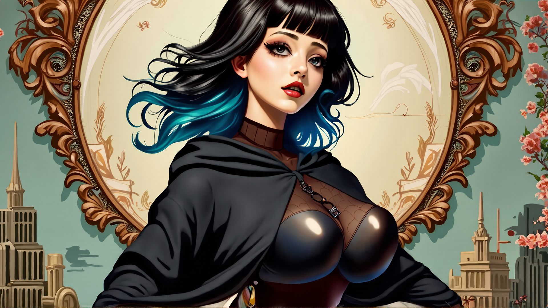 AI generated wallpaper featuring woman, hair, cape, cityscape, mirror, flowers