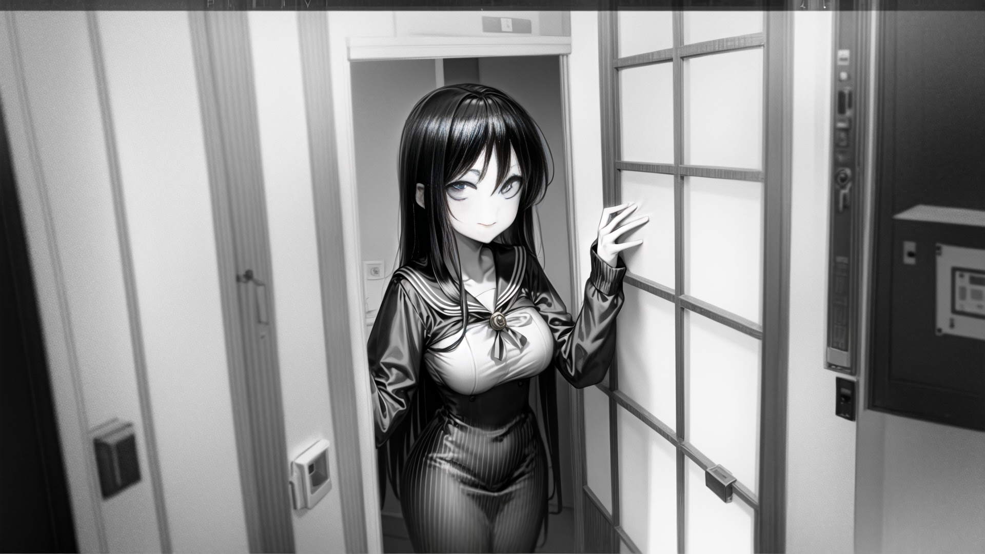 AI generated wallpaper featuring girl, school uniform, shoji screen