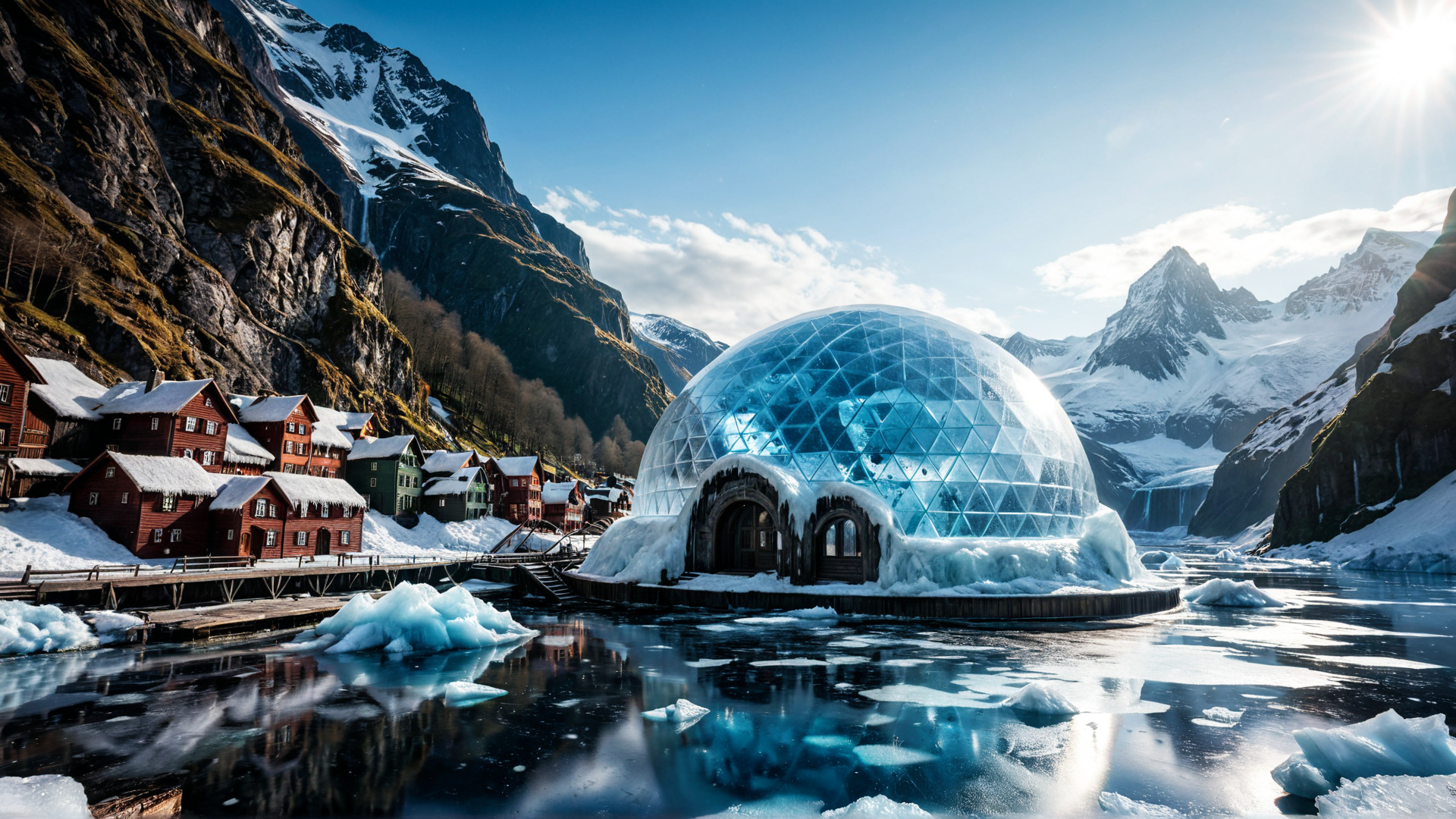 AI generated wallpaper featuring igloo, mountains, lake, village, ice, houses, sky, sun, water, snow