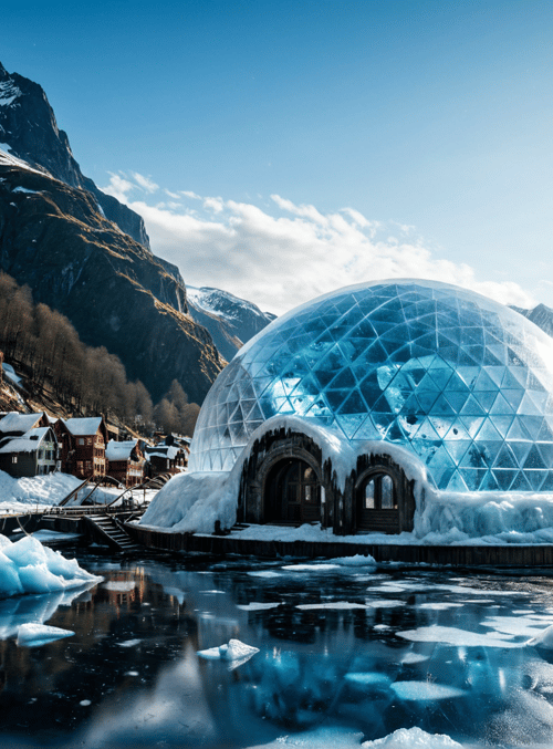igloo, mountains, lake, village, ice, houses, sky, sun, water, snow