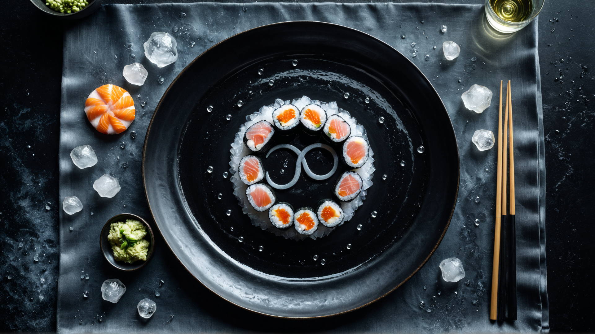 AI generated wallpaper featuring sushi, ice, chopsticks