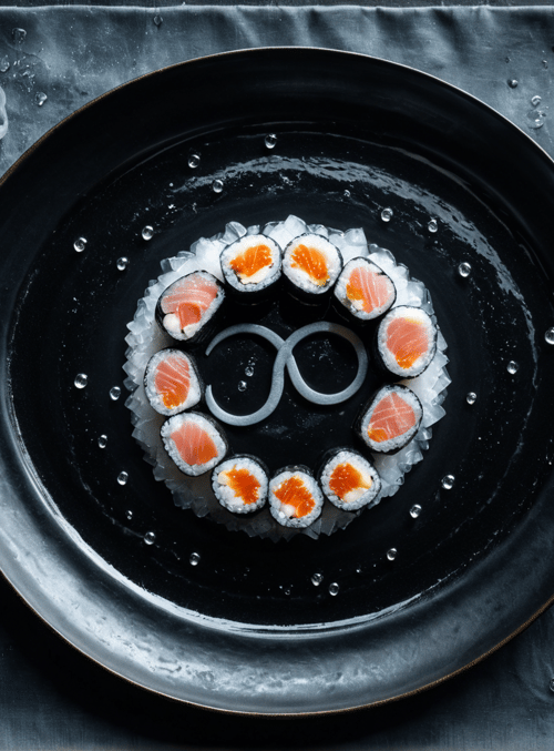 sushi, ice, chopsticks
