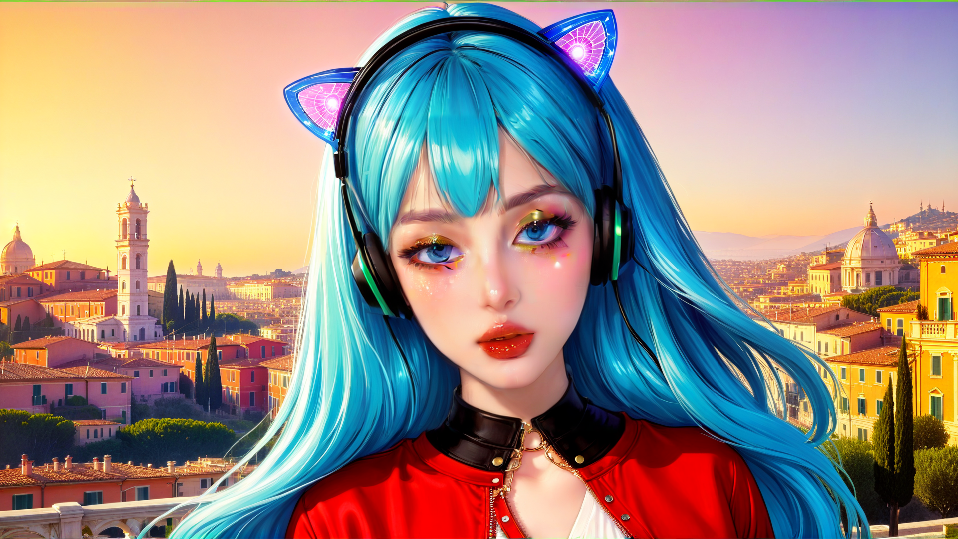 AI generated wallpaper featuring anime girl, cat ear headphones, cityscape