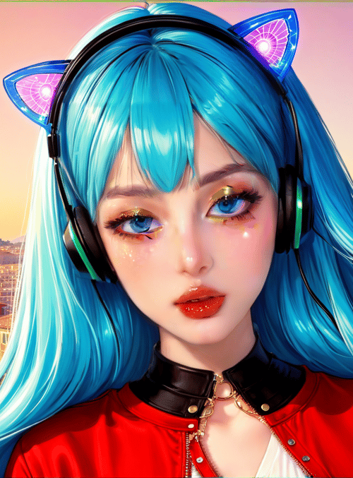 anime girl, cat ear headphones, cityscape