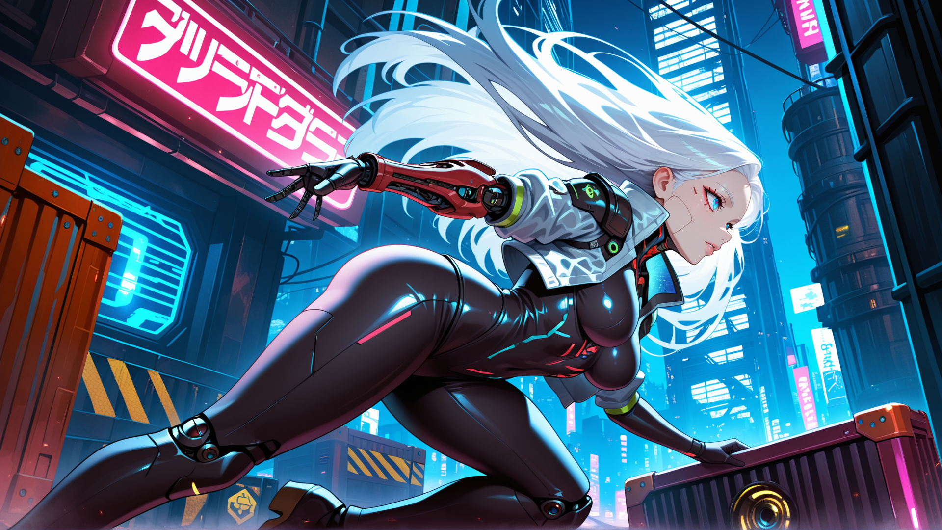 AI generated wallpaper featuring cyberpunk, woman, robotic, neon, city, sleek, futuristic, anime, gloved, cybernetic