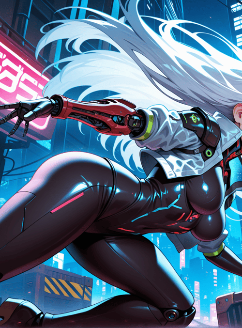 cyberpunk, woman, robotic, neon, city, sleek, futuristic, anime, gloved, cybernetic