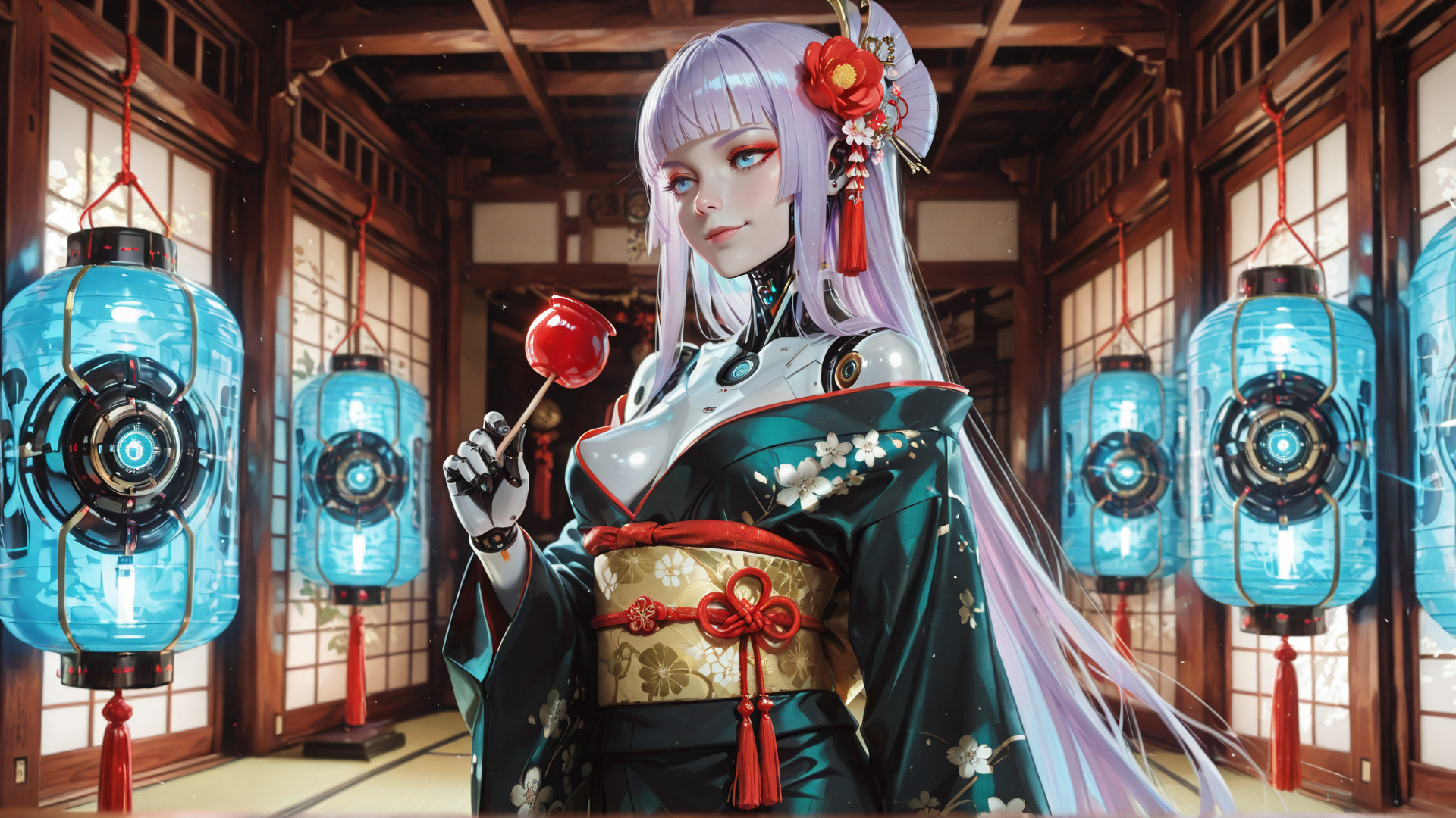 AI generated wallpaper featuring cyborg, anime, kawaii, robot, kimono, lady, lantern, candy, hair, flower