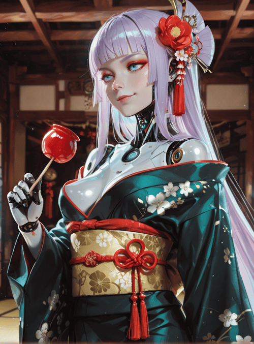 cyborg, anime, kawaii, robot, kimono, lady, lantern, candy, hair, flower