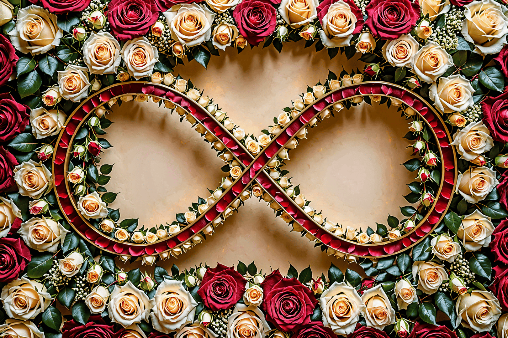 AI generated wallpaper featuring infinity symbol, roses, floral arrangement