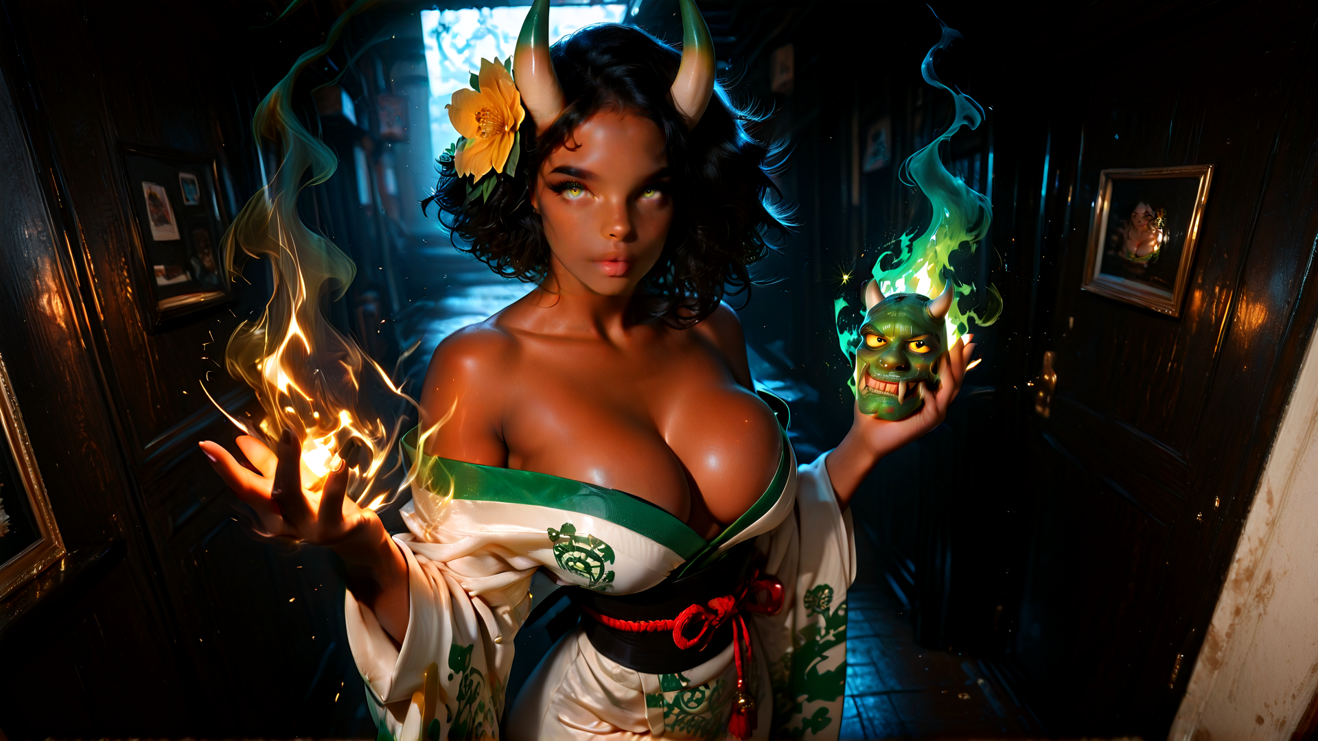 AI generated wallpaper featuring woman, horn, mask, fire, flower, kimono