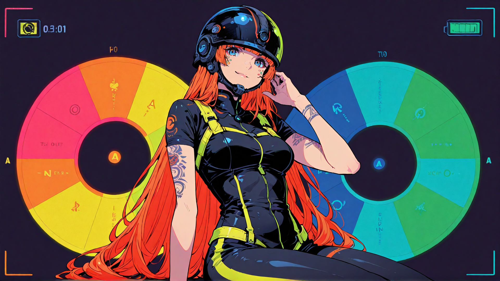 AI generated wallpaper featuring anime girl, helmet, tattoo, color wheel, cyberpunk