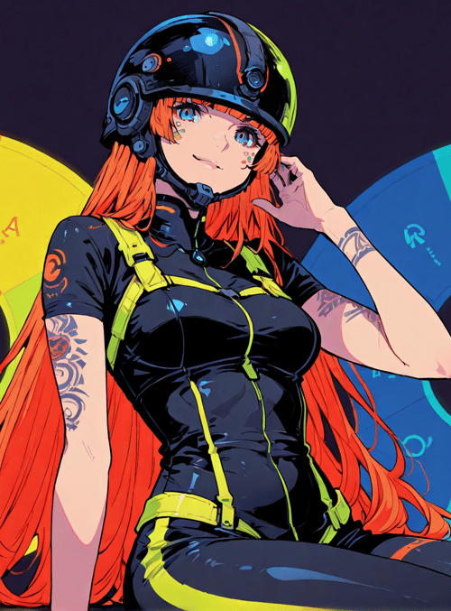 anime girl, helmet, tattoo, color wheel, cyberpunk