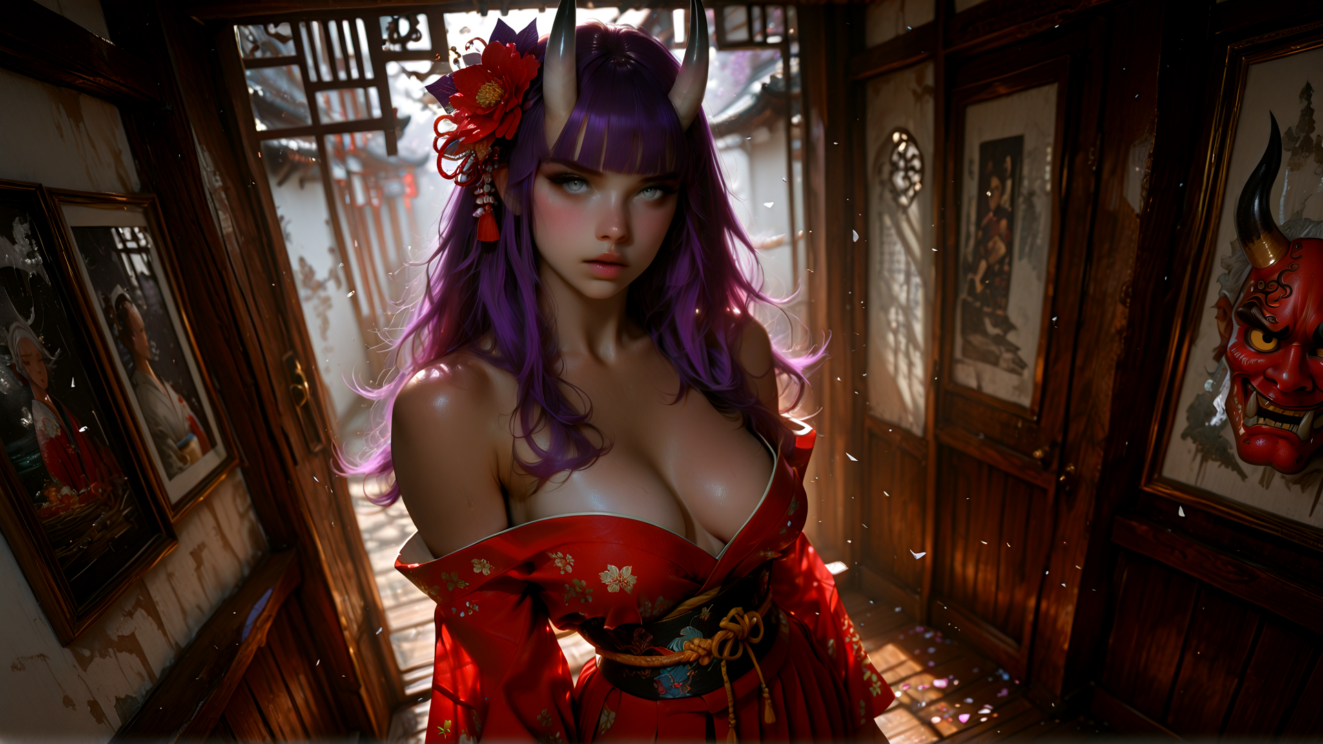 AI generated wallpaper featuring woman, devil horns, red kimono, flowers, traditional room, frames