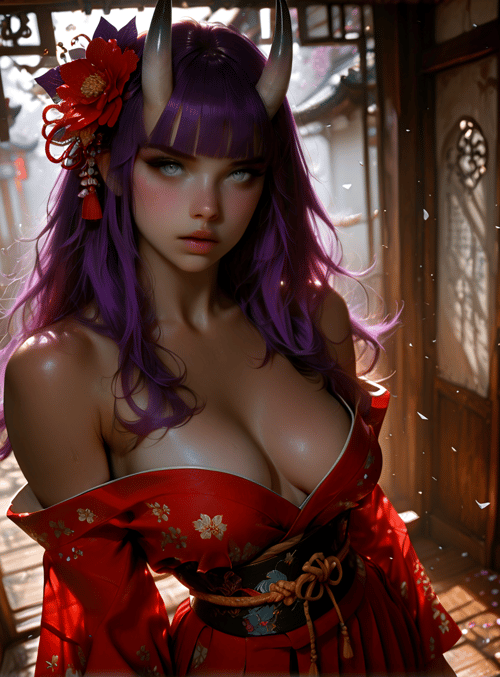 woman, devil horns, red kimono, flowers, traditional room, frames