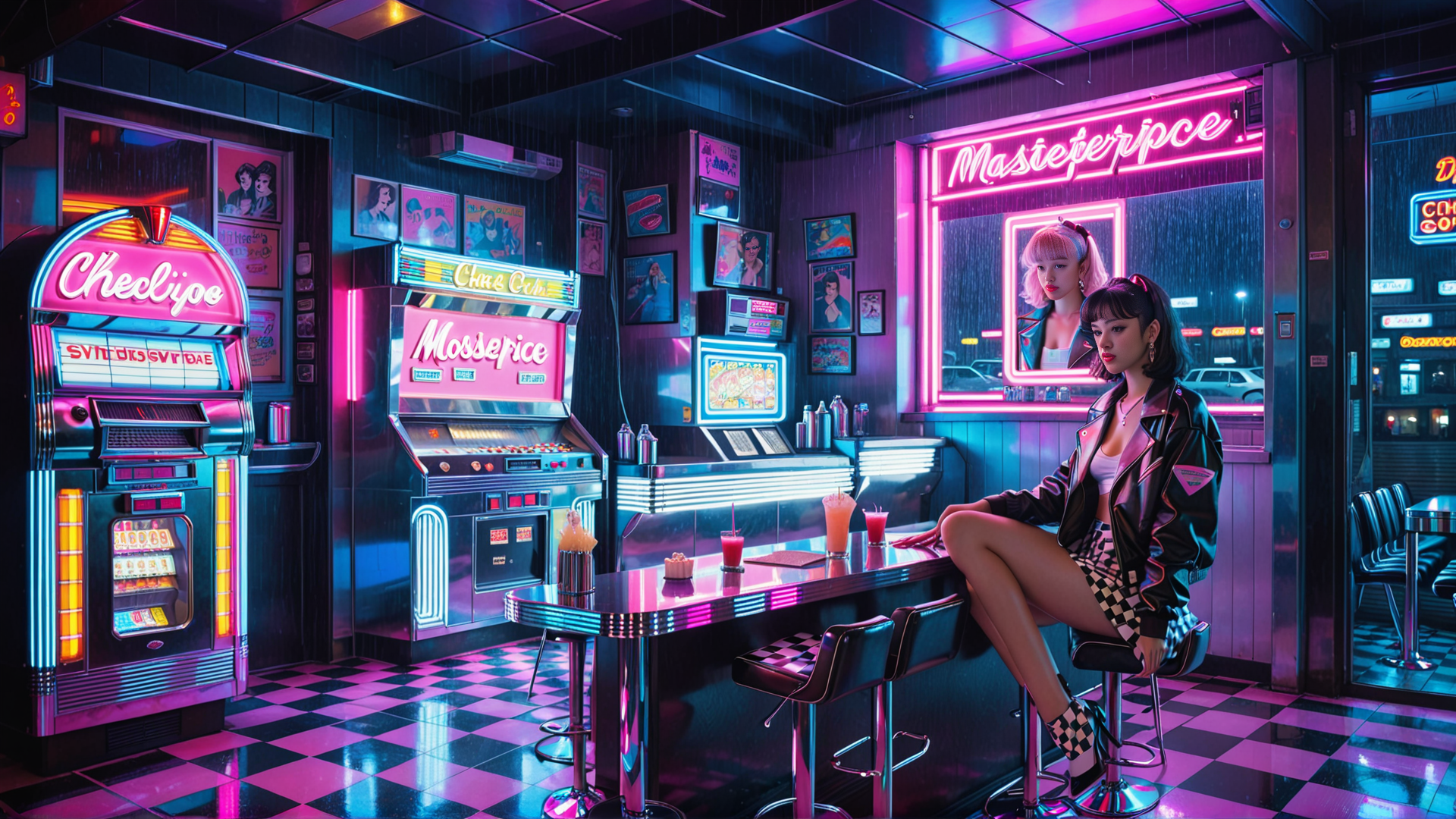 AI generated wallpaper featuring woman, arcade, bar
