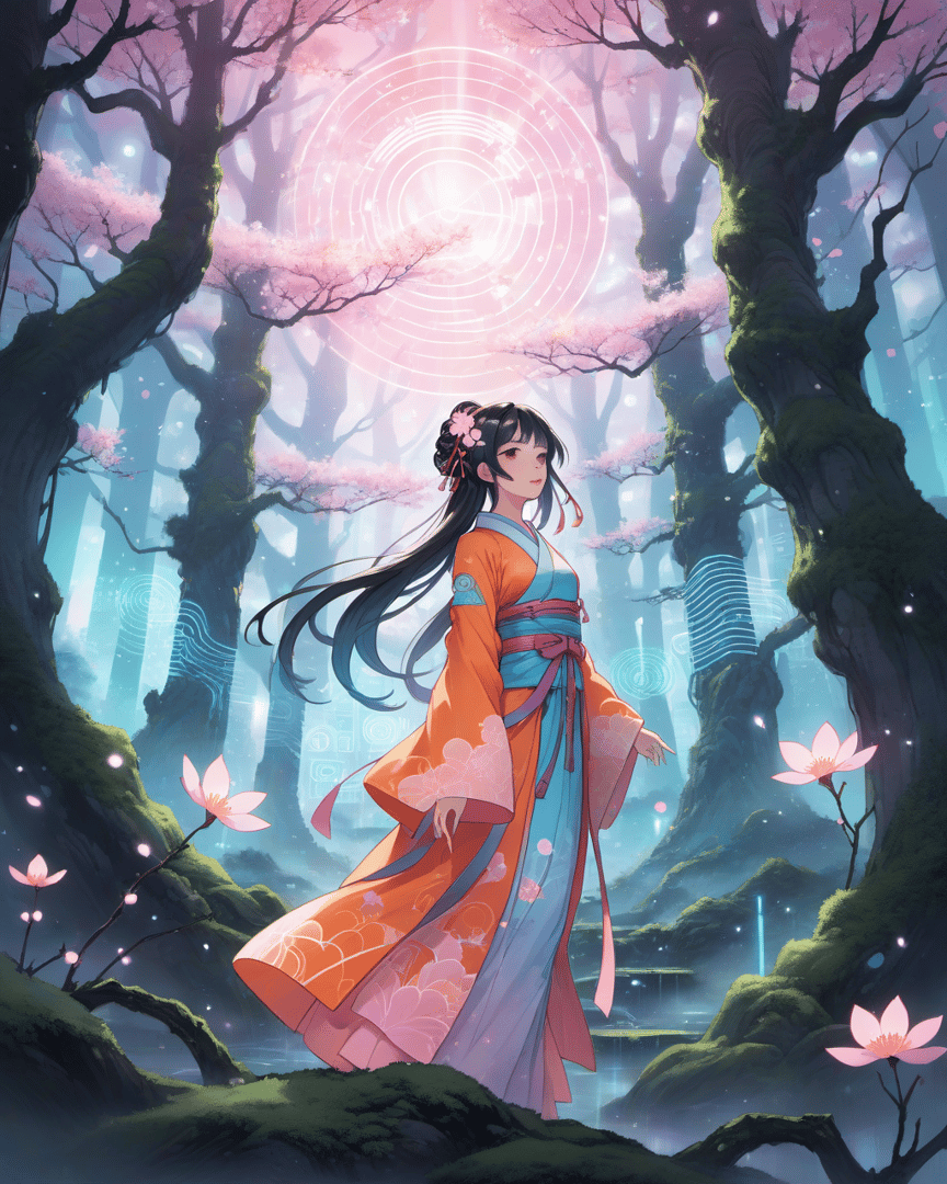 AI generated wallpaper featuring girl, forest, cherry blossoms