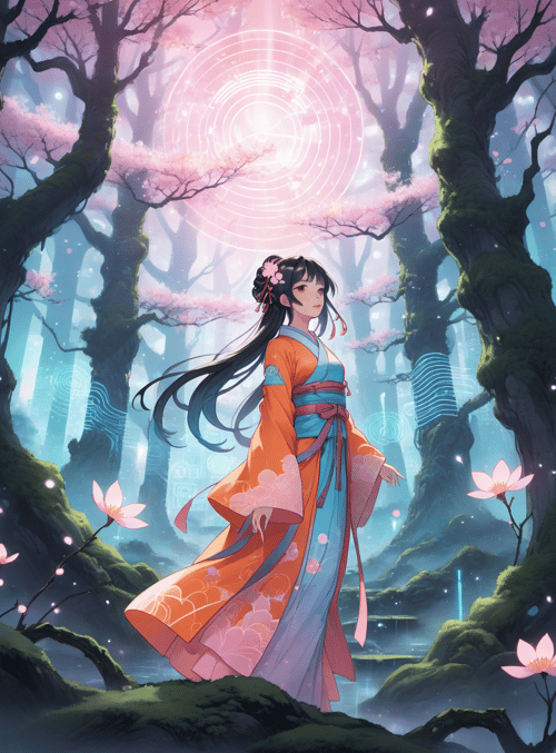 girl, forest, cherry blossoms
