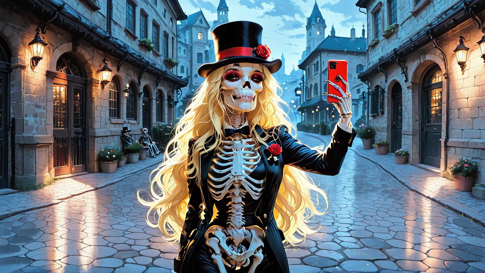 AI generated wallpaper featuring skeleton, woman, top hat, smartphone, street, building, rose, bow tie, dress, skeleton hand