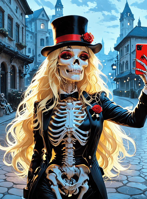 skeleton, woman, top hat, smartphone, street, building, rose, bow tie, dress, skeleton hand