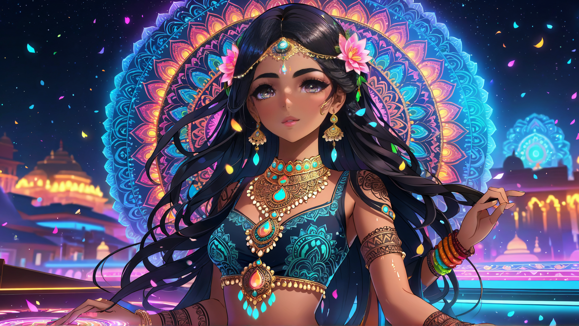 AI generated wallpaper featuring woman, mandala, jewelry