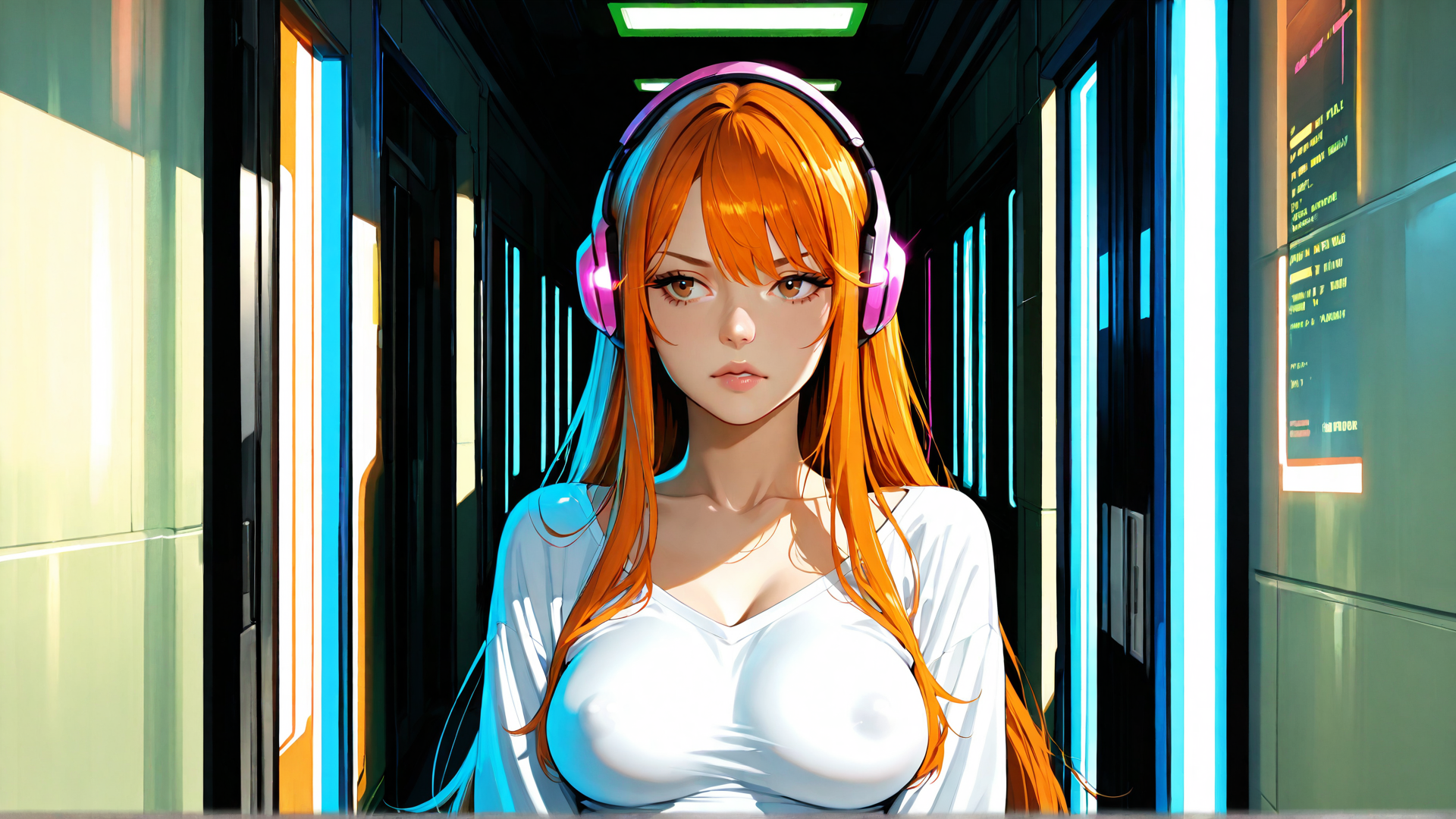 AI generated wallpaper featuring woman, headphones, hair, corridor, screen