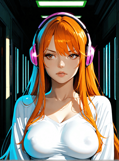 woman, headphones, hair, corridor, screen