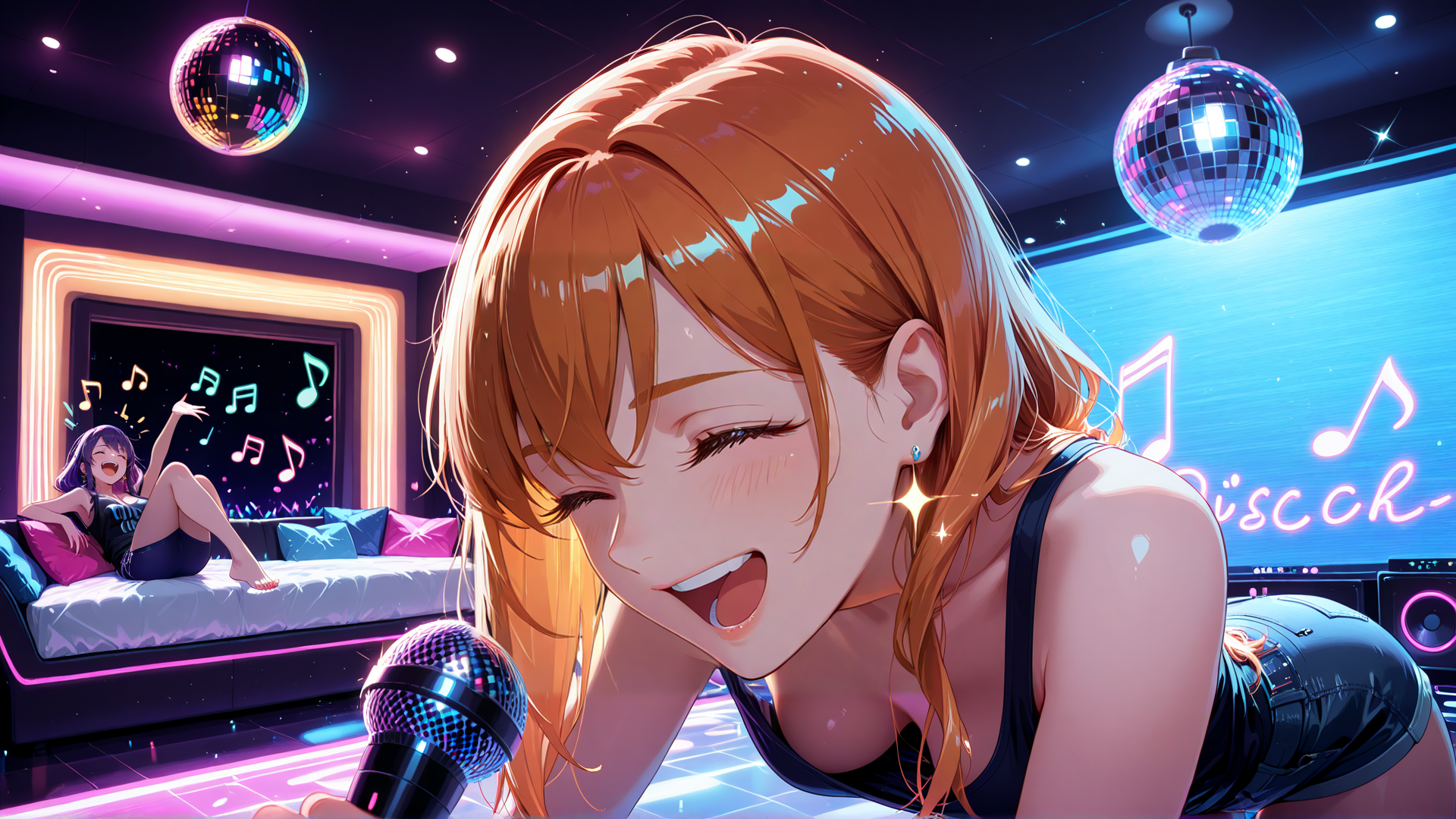 AI generated wallpaper featuring girl, microphone, disco ball