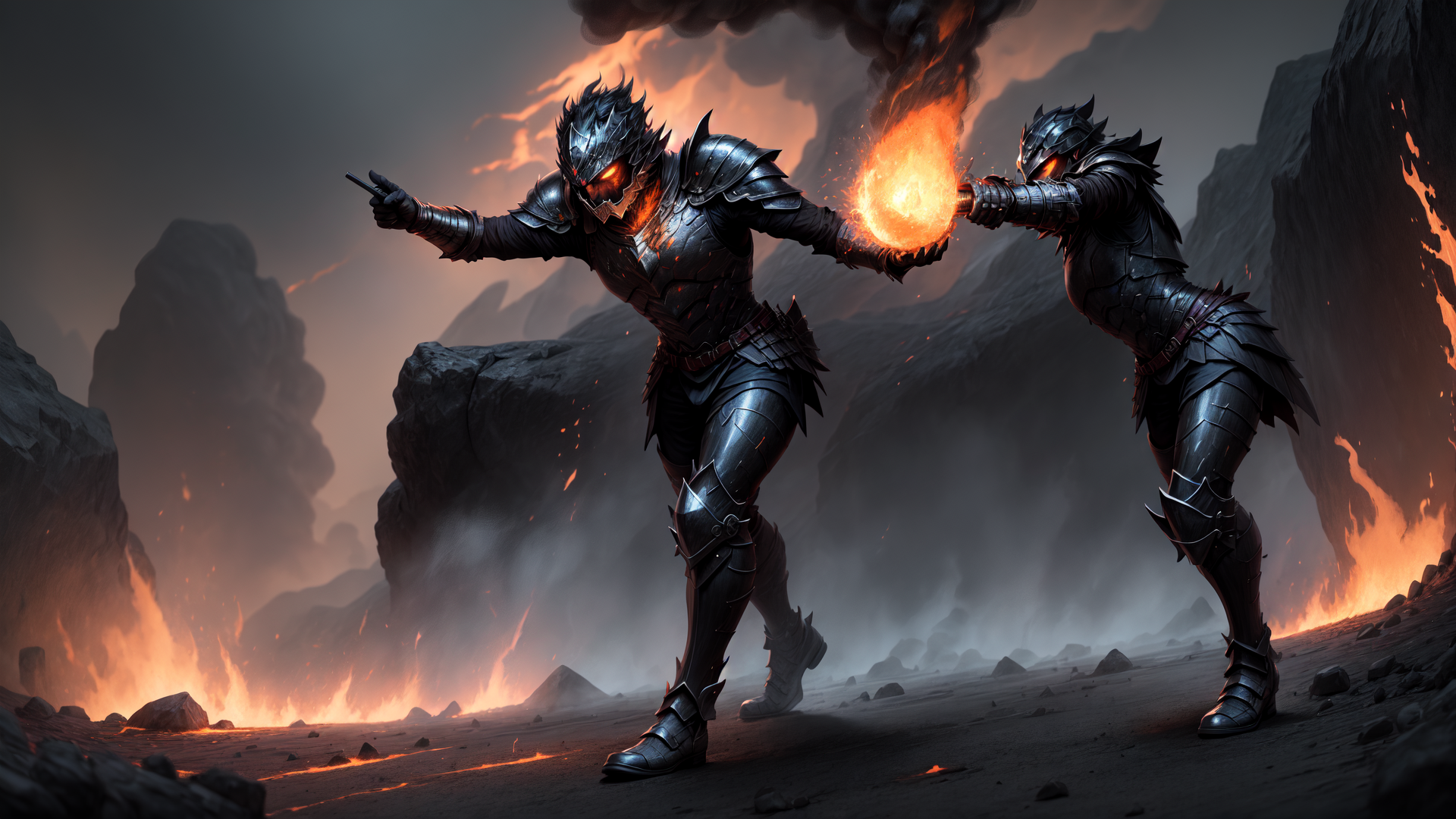AI generated wallpaper featuring warriors, fire, armor