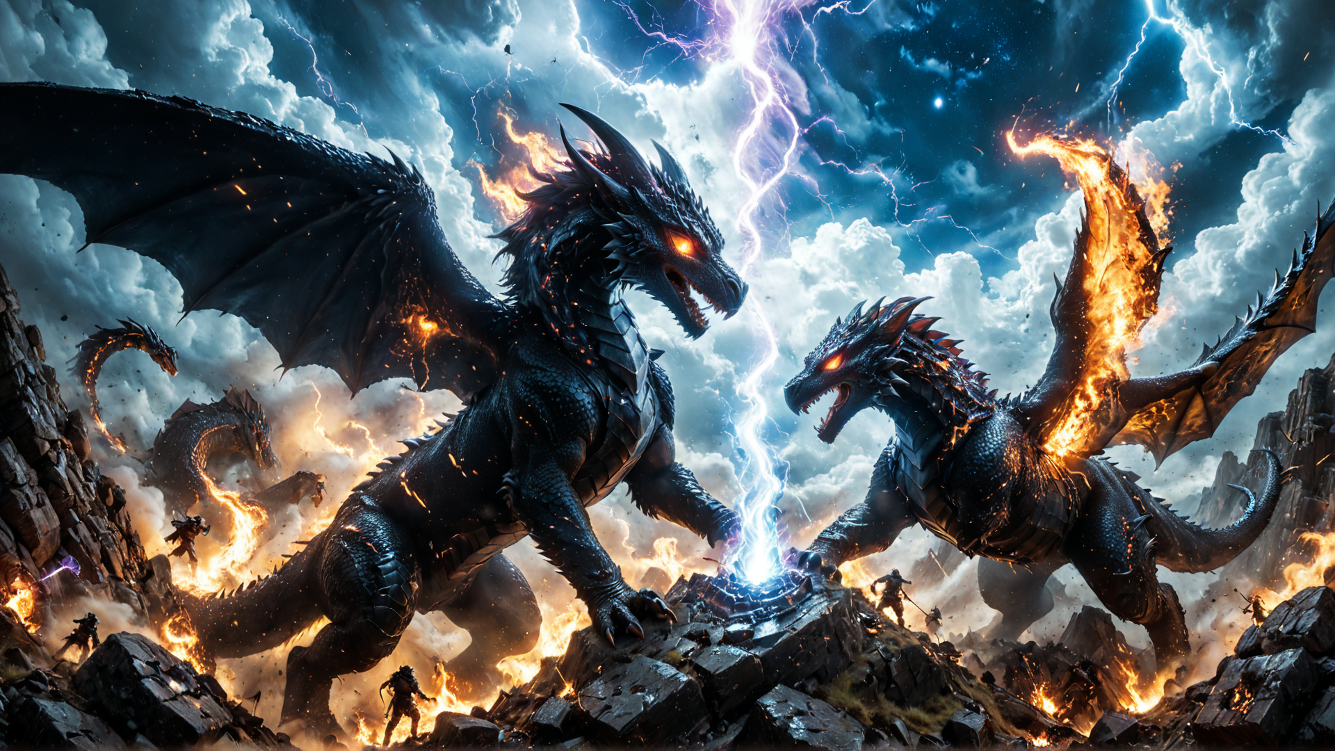 AI generated wallpaper featuring dragons, warriors, sky