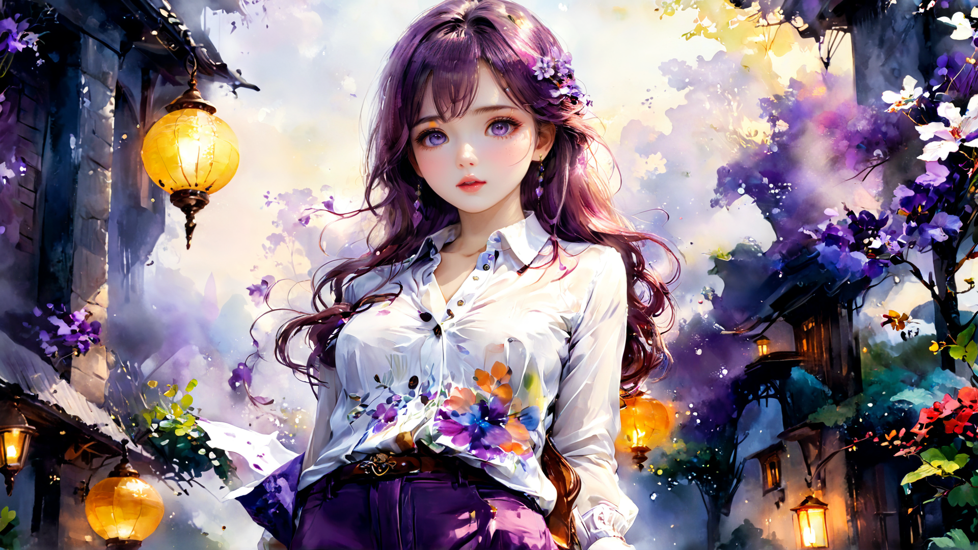 AI generated wallpaper featuring woman, flowers, lanterns