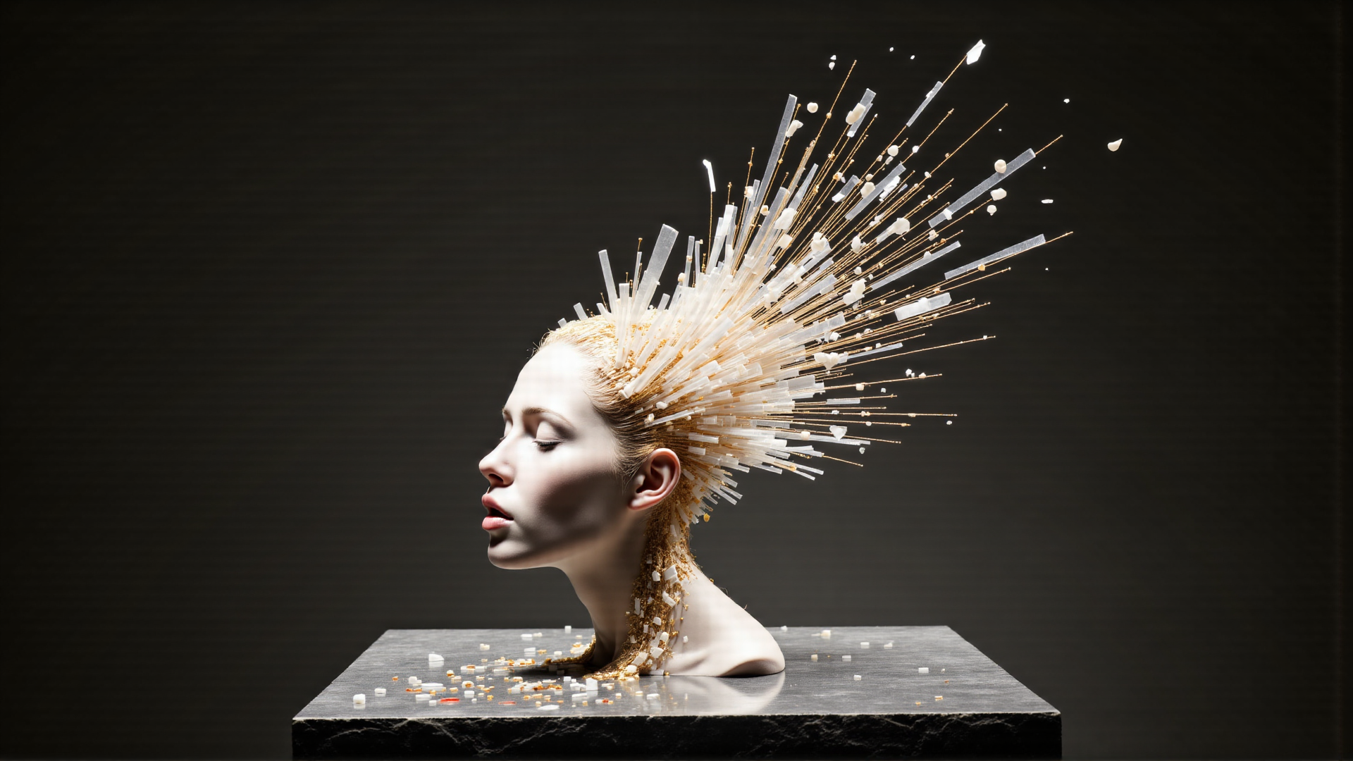 AI generated wallpaper featuring woman, headpiece, marble, particles, gold