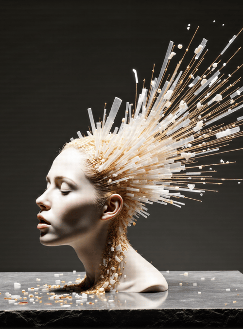 woman, headpiece, marble, particles, gold