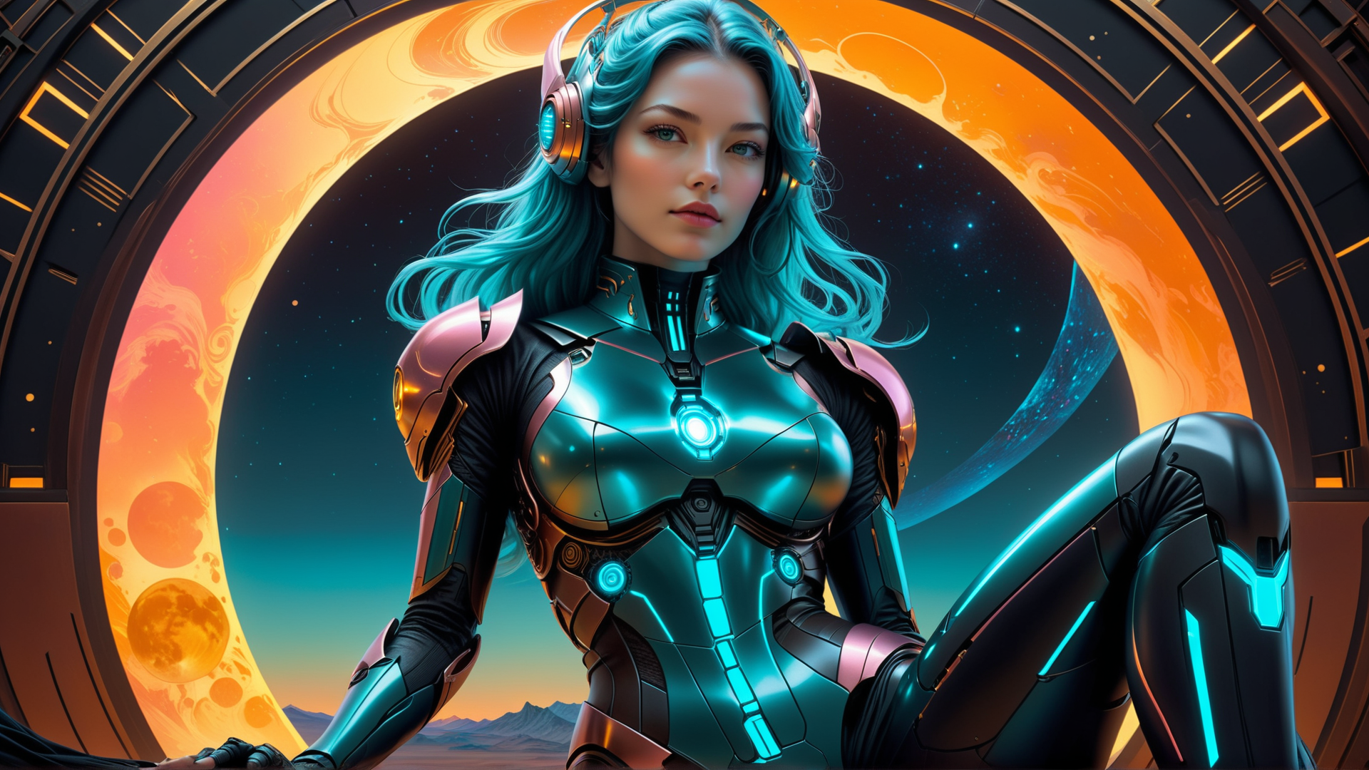 AI generated wallpaper featuring cyborg, woman, space, armor, headphones, moon, planet, sunset, ring, mountains