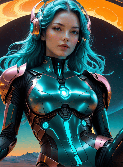 cyborg, woman, space, armor, headphones, moon, planet, sunset, ring, mountains