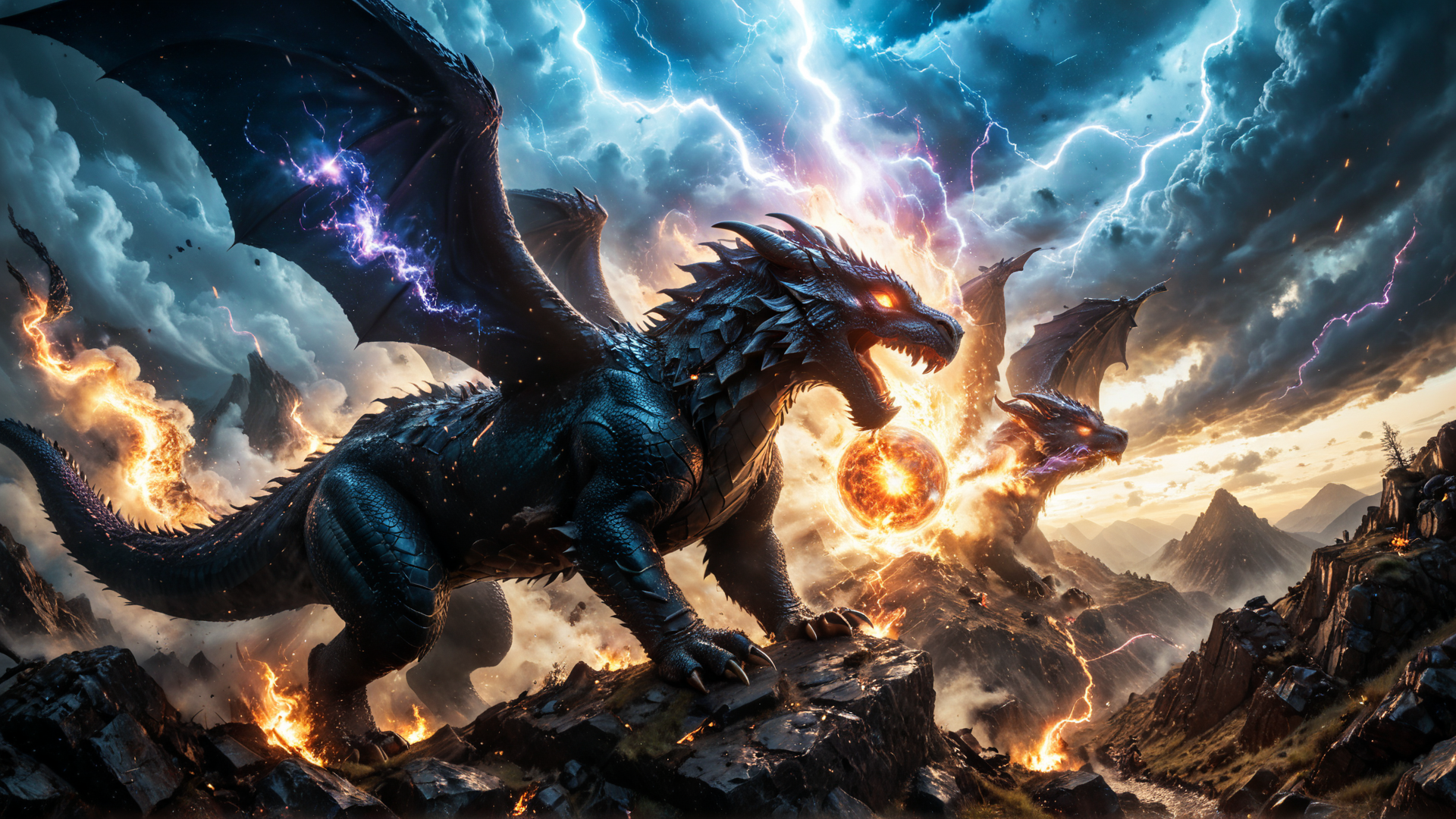 AI generated wallpaper featuring dragon, fire, lightning