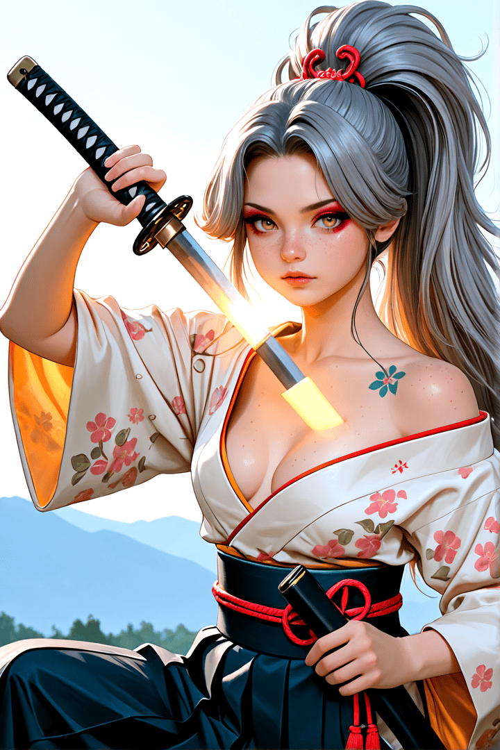 AI generated wallpaper featuring samurai, woman, sword, kimono, flower, hair, tattoo, mountain, sun, ribbon