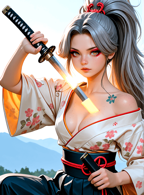 samurai, woman, sword, kimono, flower, hair, tattoo, mountain, sun, ribbon