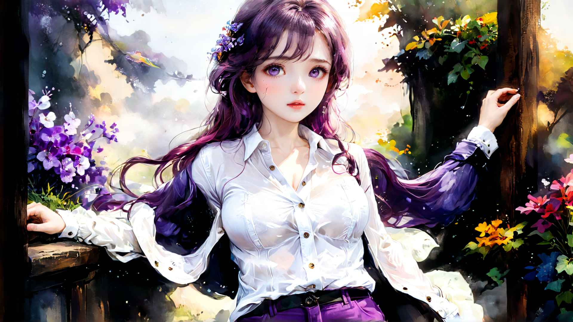 AI generated wallpaper featuring woman, flowers, trees