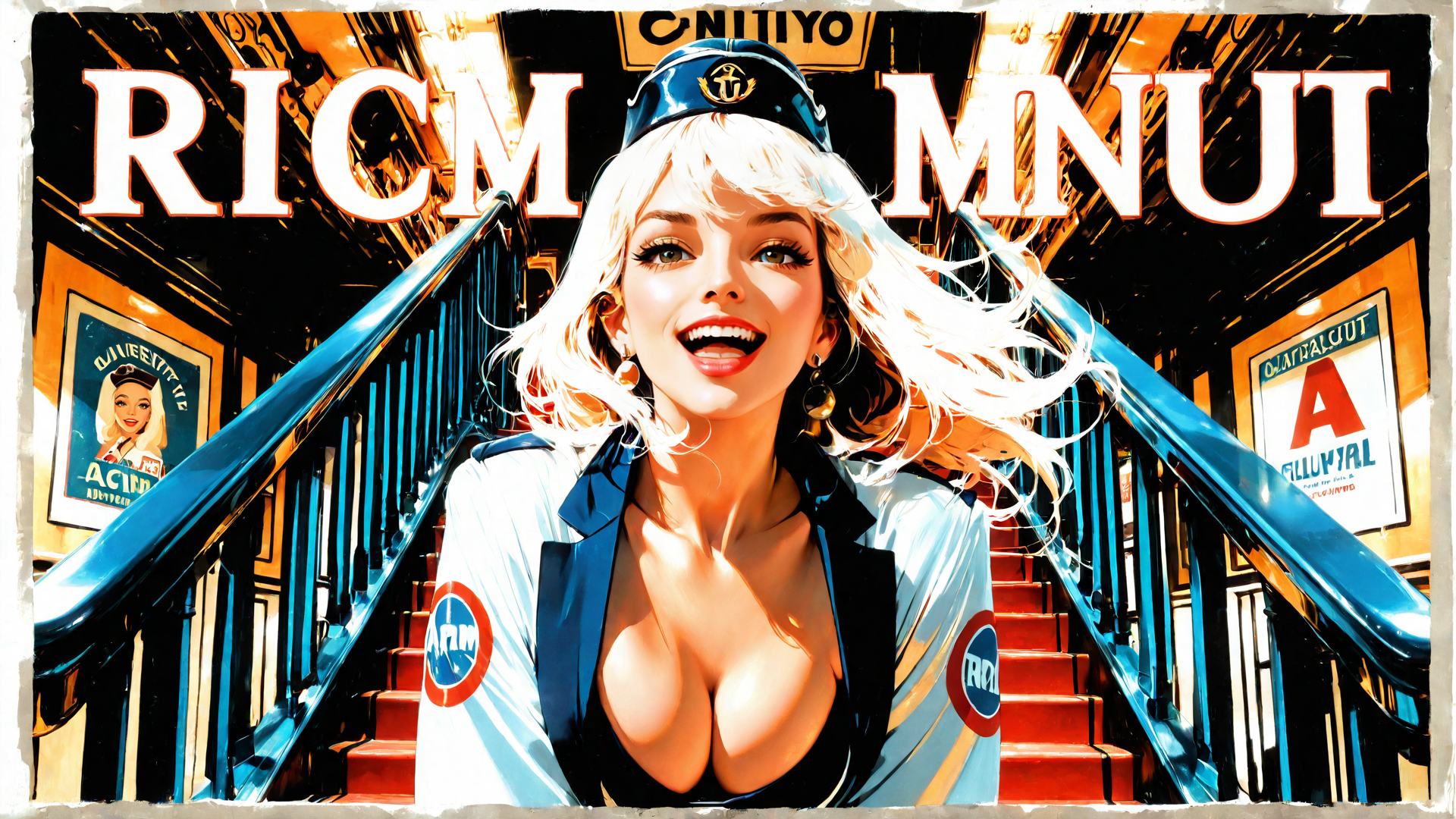 AI generated wallpaper featuring woman, staircase, uniform, posters, signs, railings, blonde hair, cap, earrings, shoes