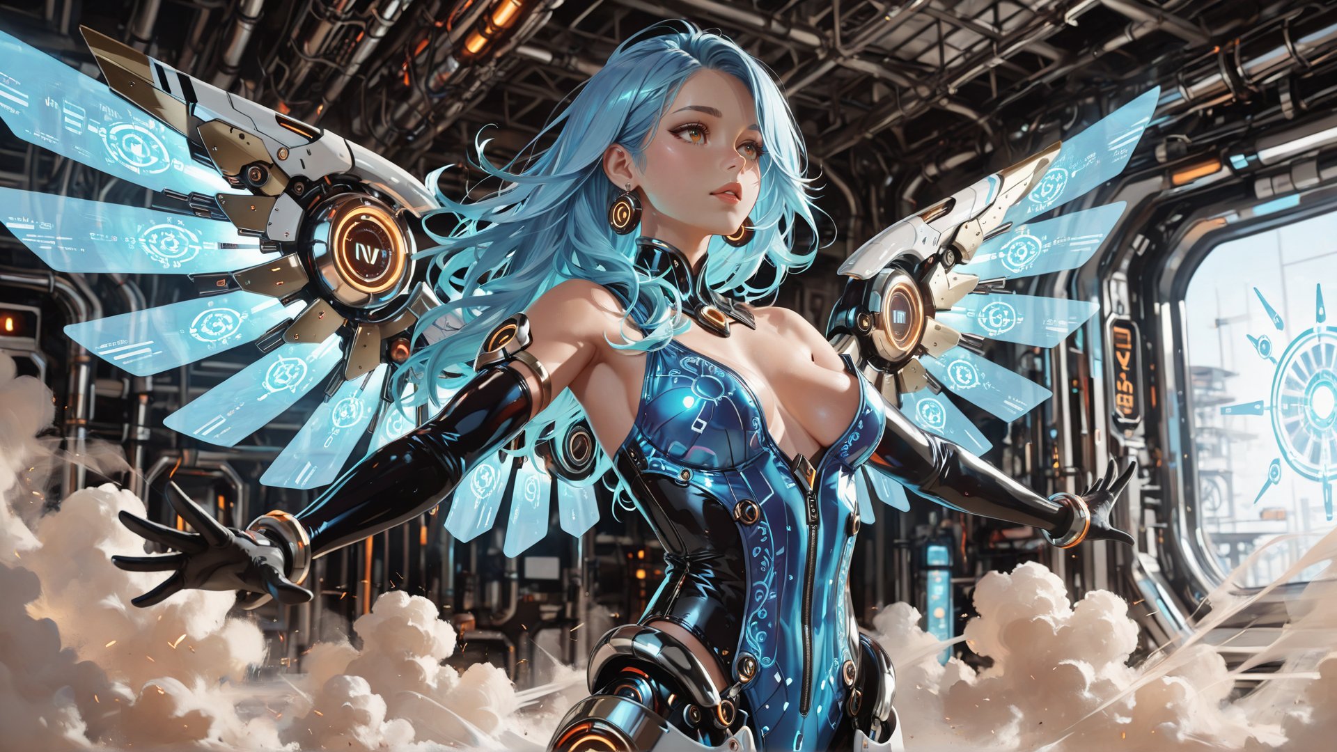 AI generated wallpaper featuring cyborg, futuristic, wings, woman, robotic, armor, gloves, hair, interface, clouds