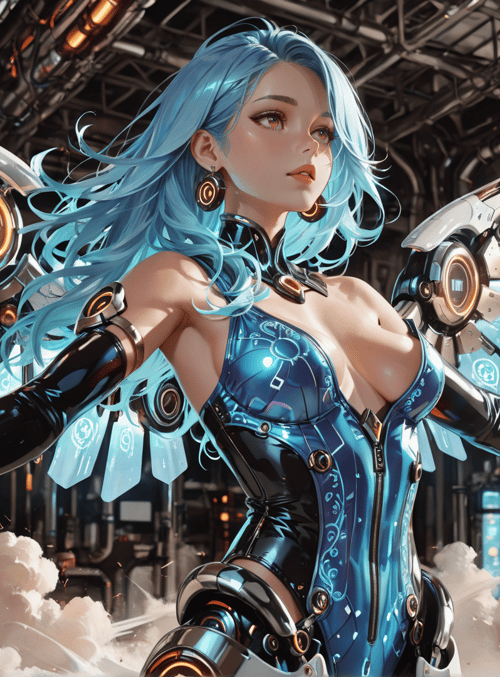 cyborg, futuristic, wings, woman, robotic, armor, gloves, hair, interface, clouds