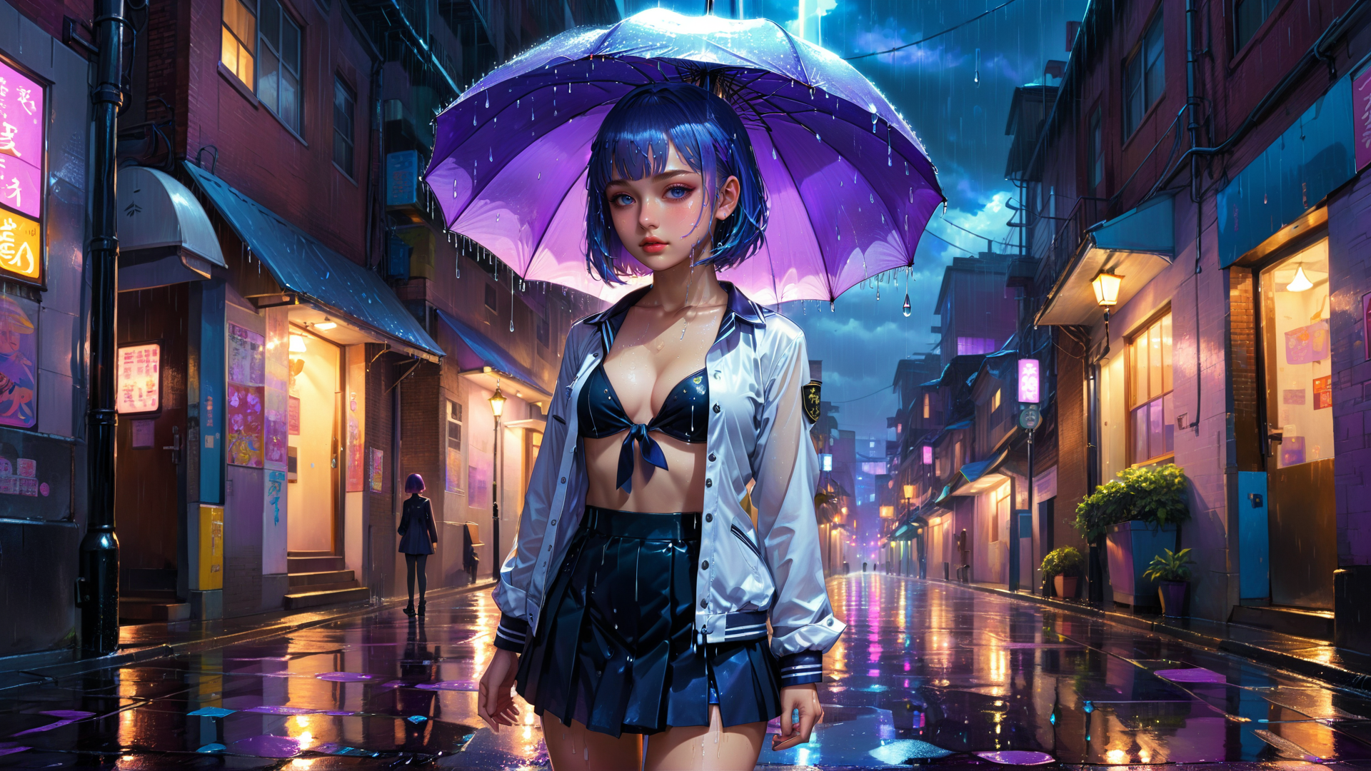 AI generated wallpaper featuring girl, umbrella, street, rain, buildings, neon, signs, shoes, skirt, jacket