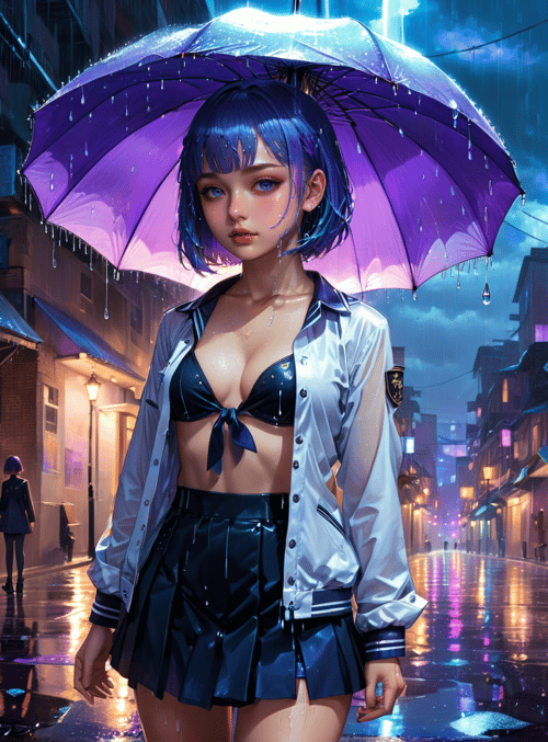 girl, umbrella, street, rain, buildings, neon, signs, shoes, skirt, jacket