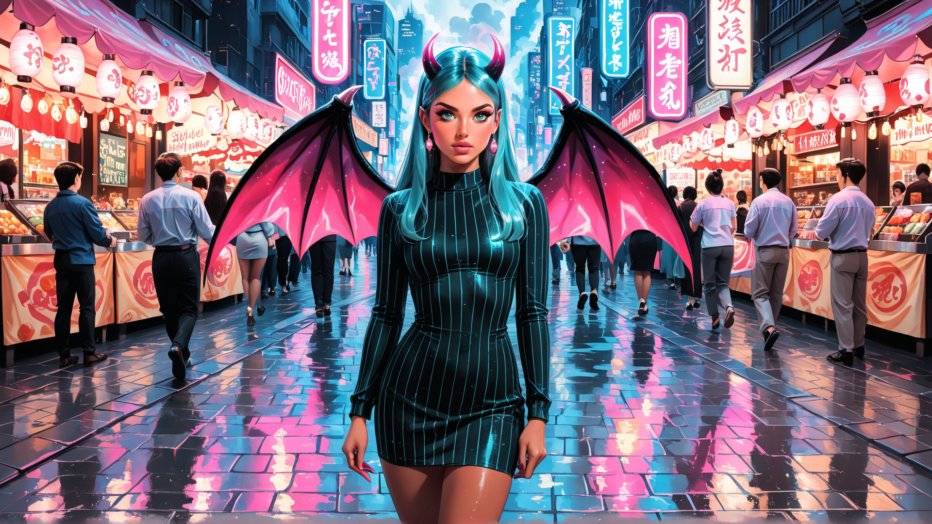 AI generated wallpaper featuring woman, demon, street, market, signs, city