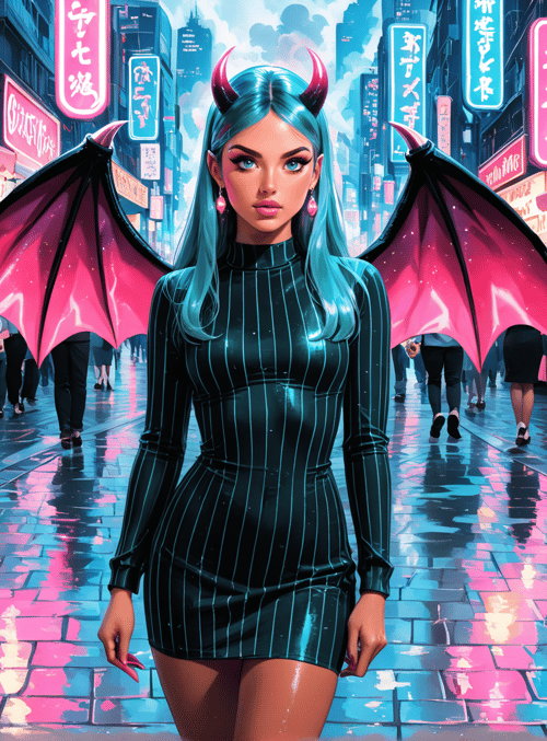 woman, demon, street, market, signs, city