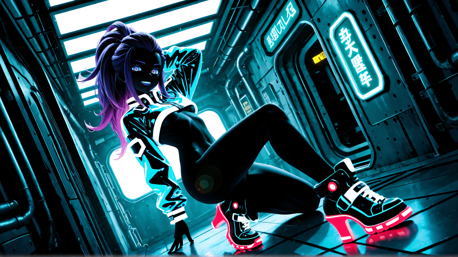 AI generated wallpaper featuring anime character, cyberpunk, girl, gaming, fashion, neon, space station, high heels, sneakers, hologram
