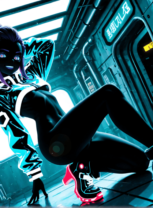 anime character, cyberpunk, girl, gaming, fashion, neon, space station, high heels, sneakers, hologram