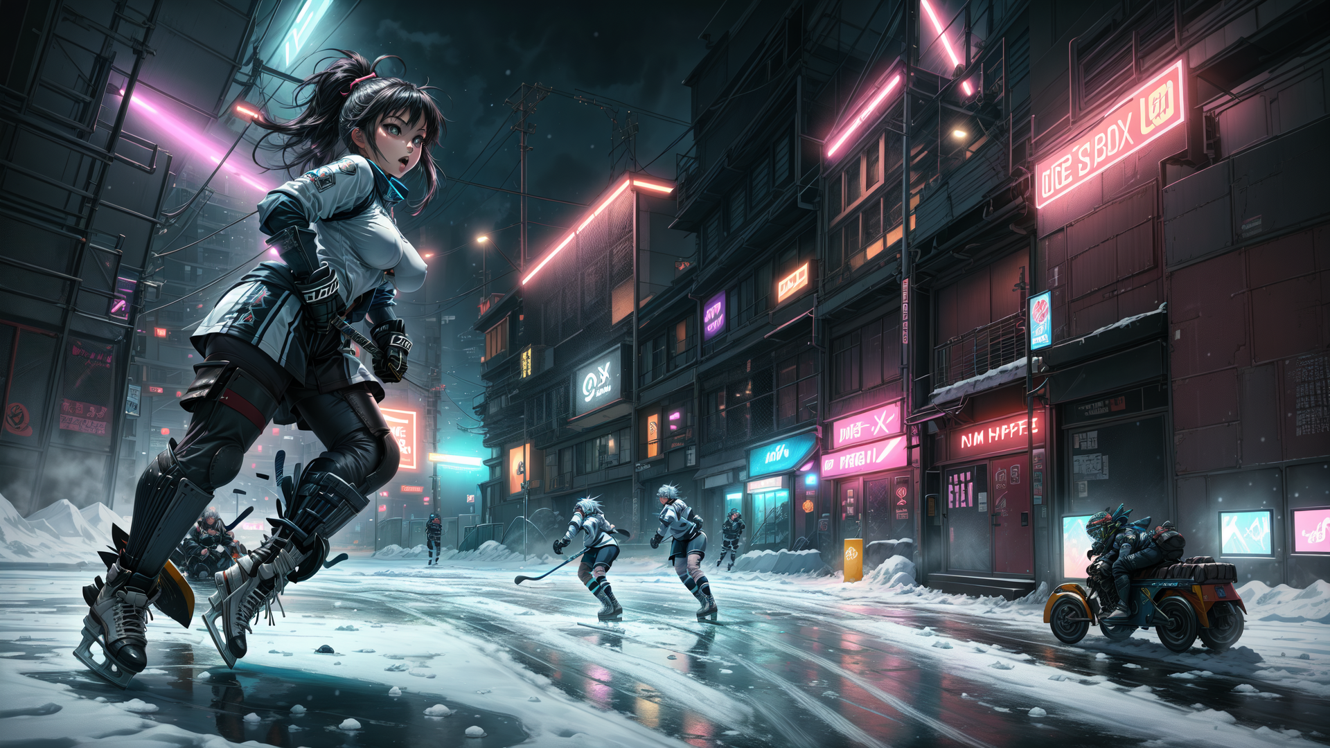 AI generated wallpaper featuring skater, hockey, city, neon, building, ice, snow, motorcycle, character, street