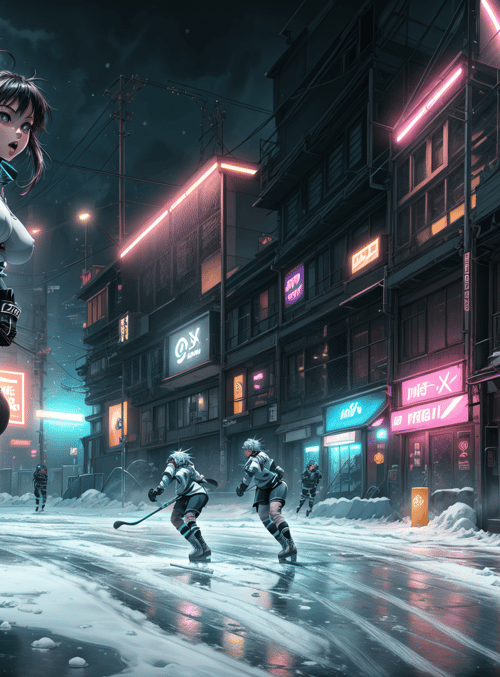 skater, hockey, city, neon, building, ice, snow, motorcycle, character, street