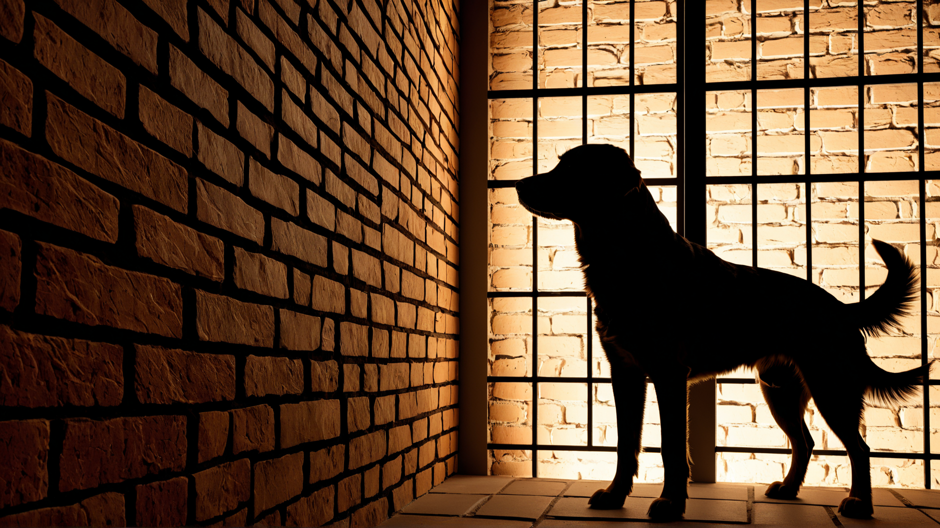 AI generated wallpaper featuring dog, brick wall, window